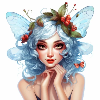 a whimsicel beautiful Fairy Closeup face, big blue deep eyes, with high detailing with facial hare and lips, laughing , a big Ladybugs sitting on her hand, Clipart on a white background