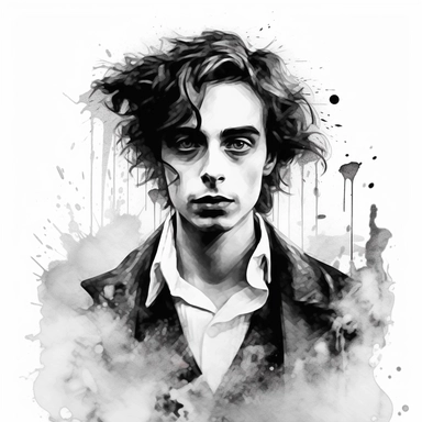 Beautiful handsome young man, Tim Burton films style, paint art style, detail, clipart, white background, superrealistic, one of a kind