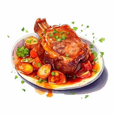 Osso Buco: Braised veal shanks with vegetables, white wine, and broth, watercolor clipart illustration, flat blank transparent background, food photography, soft cinematic lights, juicy, bright, high quality, ultra detailed, 32k