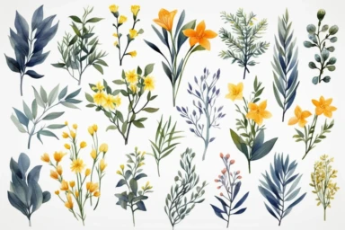 Hand drawn watercolor illustrations. Botanical clipart ( laurels, frames, leaves, flowers, swirls, herbs, branches). Floral Design elements. Perfect for wedding invitations, greeting cards, posters
