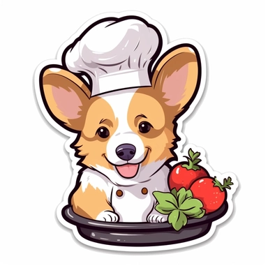 sticker, vector, corgi with a chef hat cooking, in the style of cute cartoon art, clip art, white background