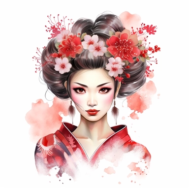 Create a watercolor clipart portrait of a Japanese Geisha in a traditional kimono, with intricate details on the hairstyle, makeup, and accessories, clipart, white background