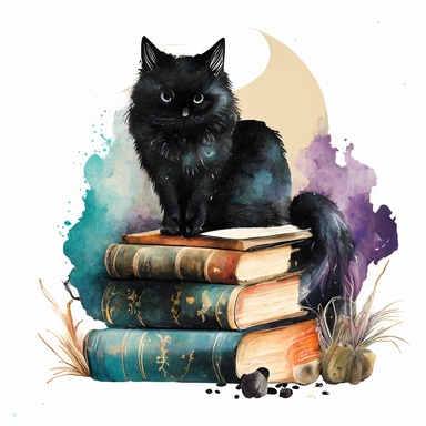 Watercolor Gothic Witch Clipart, fluffy black cat sitting on the vintage books, white background