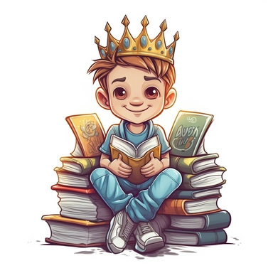 A happy young child wearing a crown and holding school books, looking cool and friendly, clothes as a King, sitting on a throne of books, vector style graphic, positive vibe, clipart, single design, white background