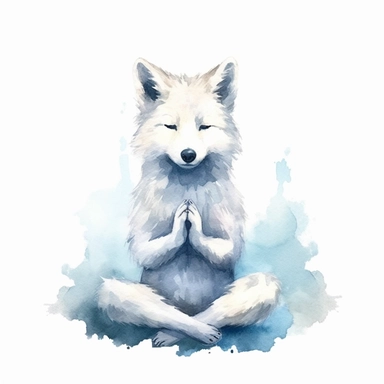 watercolor clipart image with a white background, featuring a cute cartoon wolf peacefully meditating