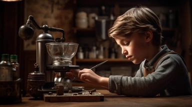 A delightful scene unfolds as a charming young boy meticulously crafts a cup of coffee with passion and skill. The boy, with a twinkle of enthusiasm in his eyes, stands behind a counter adorned with various coffee brewing tools. He carefully measures fres