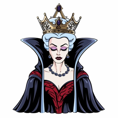 2d partially lined clipart illustration of an evil but beautiful queen, in the style of 1959's sleeping beauty movie, white background