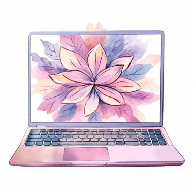 laptop, in the style of watercolor illustrations, pink and gold, soft lilac, serenity and harmony, various stroke techniques, on white background, clipart
