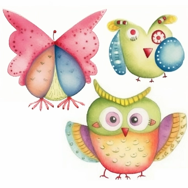4 cute whimsical owls, simplified, doodled by a child, folk art, watercolor texture, soft brush strokes, clipart on white background, high resolution, free margins