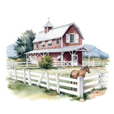 Clipart, a painting of a white barn with a white fence, a digital rendering by Laura Wheeler Waring, white background, shutterstock contest winner, american scene painting, detailed painting, watercolor, digital illustration