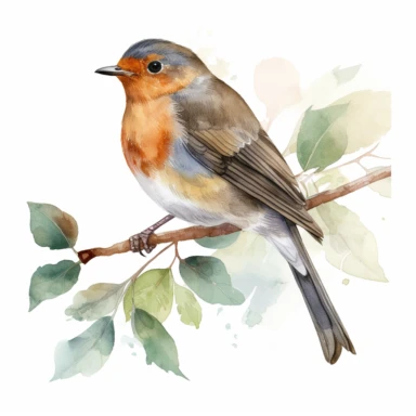 a single watercolor robin sitting on a leafy branch clipart, hd, white background, spaced out