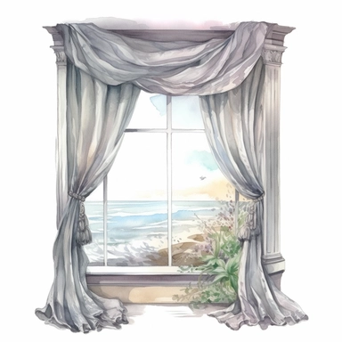 coastal window with flowing curtains in the breeze, very detailed and realistic, watercolor, white background with margins, clipart style