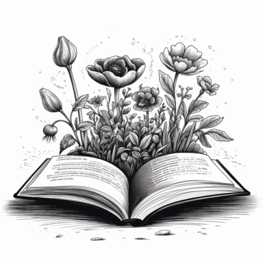 black and white clip art with open book that has flowers growing out of it