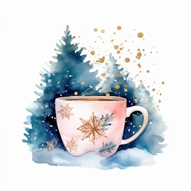 watercolor clipart of a cute charming cup of tea, sparkles, winter wonderland vibes, isolated on white background