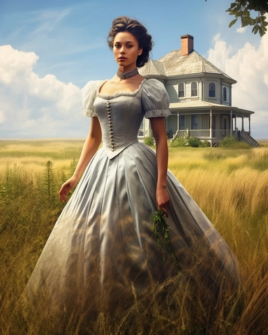 detailed beautiful lady , dressed in a victorian vintage dress on a big open farm, wide angle, long shot, with a house far from her as her background, hyper realistic, 8k, isolated on white backgorund, clipart