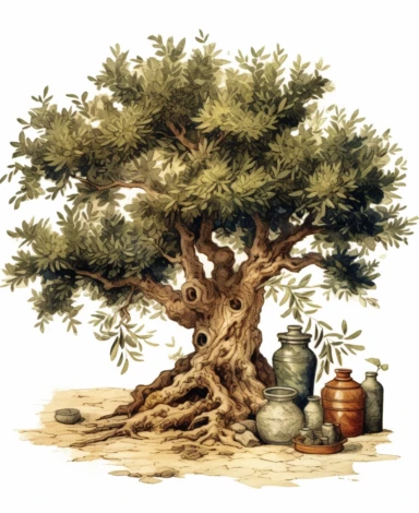 Ancient vintage artistic olive tree. In front of the tree on the ground are jars of olive oil. Vintage, Artistic, clipart, detailed
