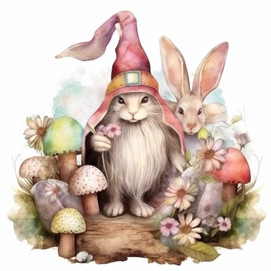 easter bunny gnome clipart pictures, free to download for commercial use, in the style of eclectic collages, carved wood blocks, mandy disher, two dimensional, decorative borders, luminous watercolors, dye-transfer