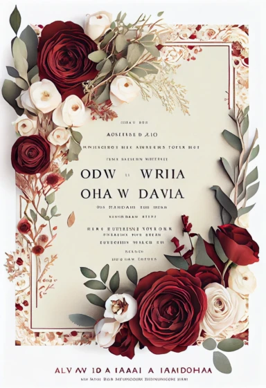 beautiful, intricate, sharp focus, stunning, beautiful wedding invitation, dried red roses, white ranunculus, and wax flowers, boho wedding invitation, show entire invitation, no border, clipart, on white background, flat lay, extreme detail, wedding invitation,