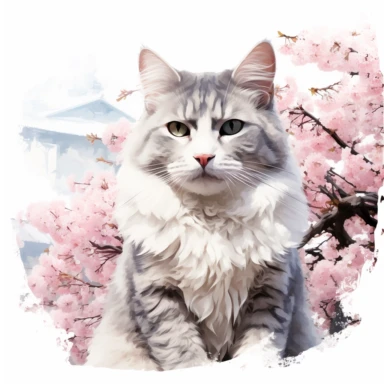 Ragdoll Cat wearing a dream-color Japanese kimono wanders under the grand Osaka Castle, surrounded by cherry blossoms in the park below. Clipart Watercolor By Yuzo Komori. clean line, on white background only, spaced out, with space around.