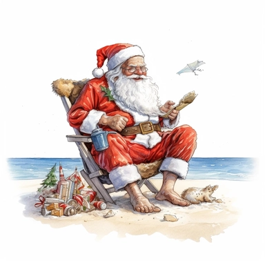 Watercolour of a santa on the beach , Clipart,Cartoon,hyper realistic, intricate detail isolated on a white background, high quality, sublimation, detailed, cartoon style
