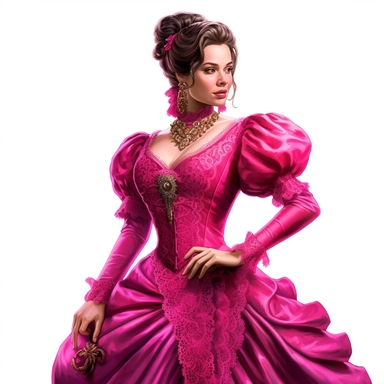 A solitary Victorian woman dressed in a bold hot pink gown, embellished with intricate beading and delicate lace accents. Standing with confidence and grace, she embodies the vivacity and glamour of Victorian fashion. Clipart, watercolor, white background, intricate detail, hyper realistic, unreal engine cinematic smooth.