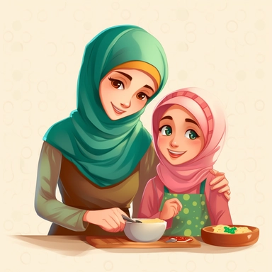 As a woman wearing hijab 28 - year - old making dinner, little kid six - year - old beside the woman, cartoon character, art, image clipart, high definition drawing, clean colors, balanced colors