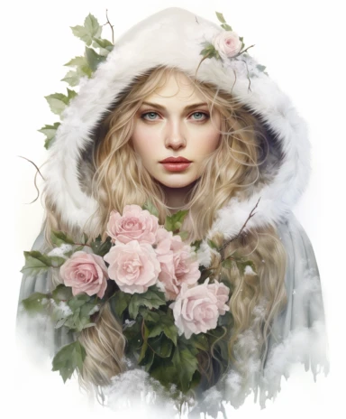 isolated on white illustration watercolor art of a portrait of beautiful feminine witch, overgrown with white and light pink roses and flowers, covered with snow and ice, a lot of moss and branches, lace and embroidery, trees, fur cape, masterpiece by Tom Bagshaw style and by Hans Zatzka style and by James C. Christensen style and by Alexander Jansson style, Baroque fashion, PNG clipart, isolated on white, white background, extreme photorealistic details, 32k HD resolution, realistic high detail