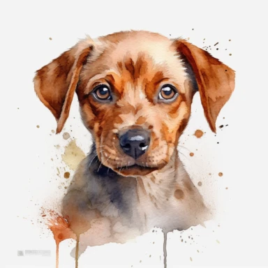 cute Polish Hunting Dog dog portrait, full face, centered shot, side shot, dynamically posed, in action, playful mood, happy mood, playing mood, cute face, adorable smile, childlike eyes, clean watercolor illustration, white background, nursery baby imagery, painting, detailed, 8k, PNG, clipart,