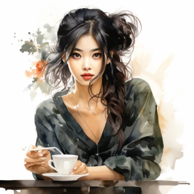 Hyperrealistic high detailed watercolor asian woman drinking coffee clipart, white background