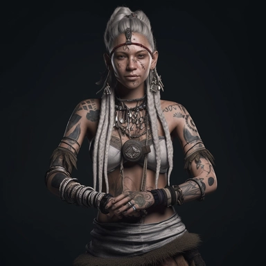 a white woman, full body shoot, wearing tribal clothing and doll head necklace post apocalyptic, unreal game engine style, different poses, detail, clipart, black background, one of a kind--ar 16:9