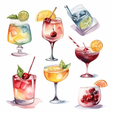 Create a collection of elegant watercolor cocktail clipart images that capture the essence of classic cocktail culture. The medium should be watercolor illustrations. The style should be modern, yet classic, incorporating a soft color palette and fluid brushstrokes. Use a mix of close-ups and wide-angle shots to showcase each cocktail, paying special attention to the garnishes and unique features of each drink. Highlight popular cocktails such as the Old Fashioned, Martini, and Margarita, while 