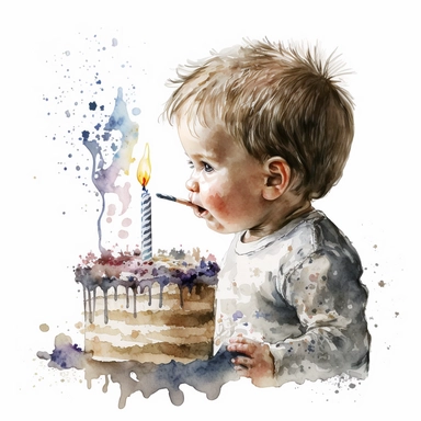 a first birthday cake with watercolor effect,a little happy boy blowing out the candle,suitable for digital clipart,white background,a one birthday candle on the cake
