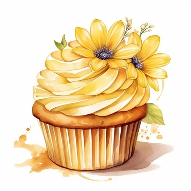 Design a clipart image of an banana cupcake in a watercolor style, with banana slices decoration and a topping. You can also add some colorful candy or chocolate chips to make it more attractive. You can add white flowers and green leaves to the design.