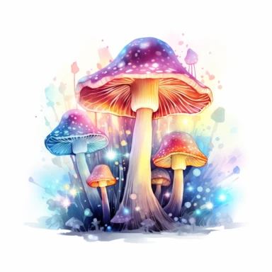 a realisitic watercolor pastel colored glowing magic mushroom fantasy clipart in white background