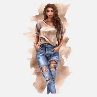glamour model posing, brown hair ripped jeans, full length, watercolour style, fine details, 8k clipart png transparent