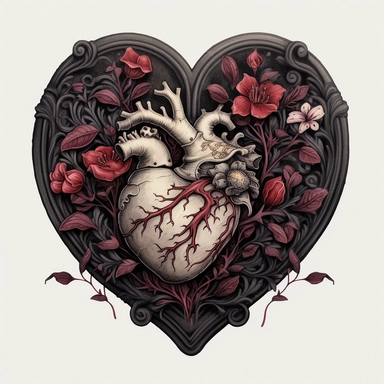 A digital illustration of a gothic Valentine's Day card featuring an anatomical heart with intricate floral patterns. The heart is depicted in shades of black and gray, with hints of deep red and purple flowers woven throughout. The gothic clipart style is reminiscent of old-world engravings, giving the card a vintage feel. The final product should be in PNG format with high resolution.