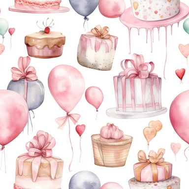 A cute collection on white with margins of birthday icon birthday cake, balloons, hearts, presents, watercolor, vector, clipart, elaborate, ultra - detailed, soft colors, rose gold and pink high definition, UHD