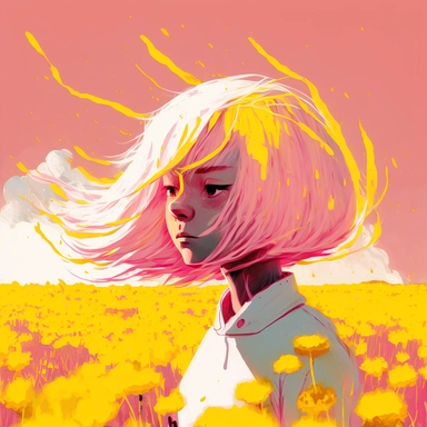 dreamlike hyper realistic illustration of a white fire haired girl's spirit in a field of pink and yellow flowers, flat colors, simple lines, gorgeous lighting, graphic novel style, 2d painting, ink painting style, digital art, childrens character design, happy mood, pixar style cartoon, line work, minimalist, watercolor, 8k, PNG, clipart on white background, sticker style, studio ghibli vibe, studio ghibli style