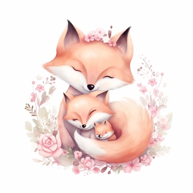 cute pink floral illustration, realistic adorable one baby cute fox hugging his cute mom, happy clipart, nursery style clipart, nursery animal art, kids wall art, baby room decor, isolated on white, ultra - detailed, high quality, ghibli style, award winning