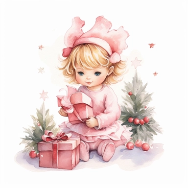 Cute little baby fairy girl with Christmas tree opening gifts pink Christmas watercolor Clipart