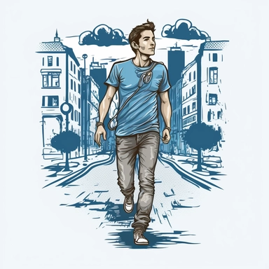 friendly blue t-shirt man walking in music city, ghlibi style, comic, manga, cute, clipart, hd, ue5