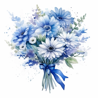 watercolor blue birthday flowers bouquet drawing, illustration clipart, high detailed, white background, digital art
