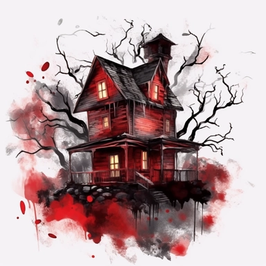 watercolor style, spooky halloween haunted house clipart, haunted house decorated in creepy Halloween style decor, whimsical Halloween witch house, isolated on white background, 4K, dark, night scene, red and black color scheme