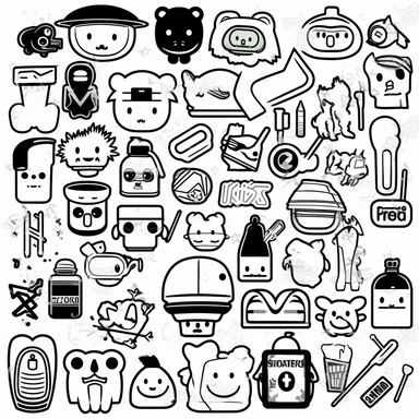 a set of black line clipart inspired by sushi and zombies and muppets and Care Bears and Funko Pop toys