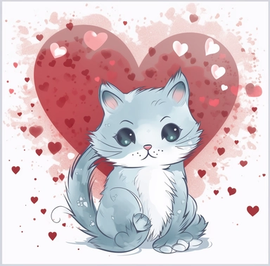 kitty clipart with hearts on transparent background, in the style of light sky-blue and dark red, 32k uhd, simplified line work