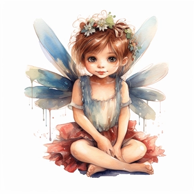 little girl, big eyes, dressed as a fairy with wings on her back, beautiful and happy, she is sitting and head is turned towards camera, very detailed and realistic, watercolor, white background with margins, clipart style