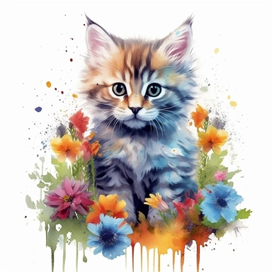 Beautiful colorful full body kitten on flowers, summer vibes, hand drawing digital art, clean design, sublimation, colorful, watercolor style, white background, 4K, extremely detailed, clipart
