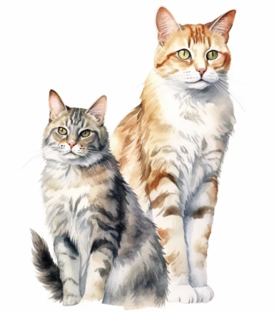 realistic watercolor male & female european wild cat, screenshot, clipart, super detailed, in the style of watercolor illustrations, intricate detail, on solid white background , no shadow, oil paintings