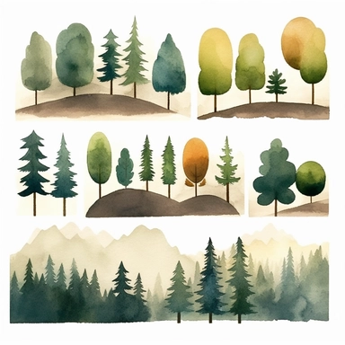 clip art forest elements sprites (montains, far forests, sun, clouds, rivers) sheet by jon klassen，clean