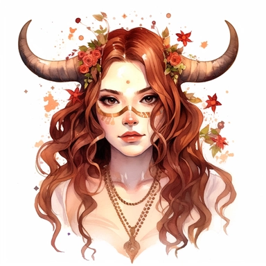 Taurus zodiac sign as fantasy girl with nose ring and earnings, and brown hair, Watercolor Zodiac Sign Clipart Astrology